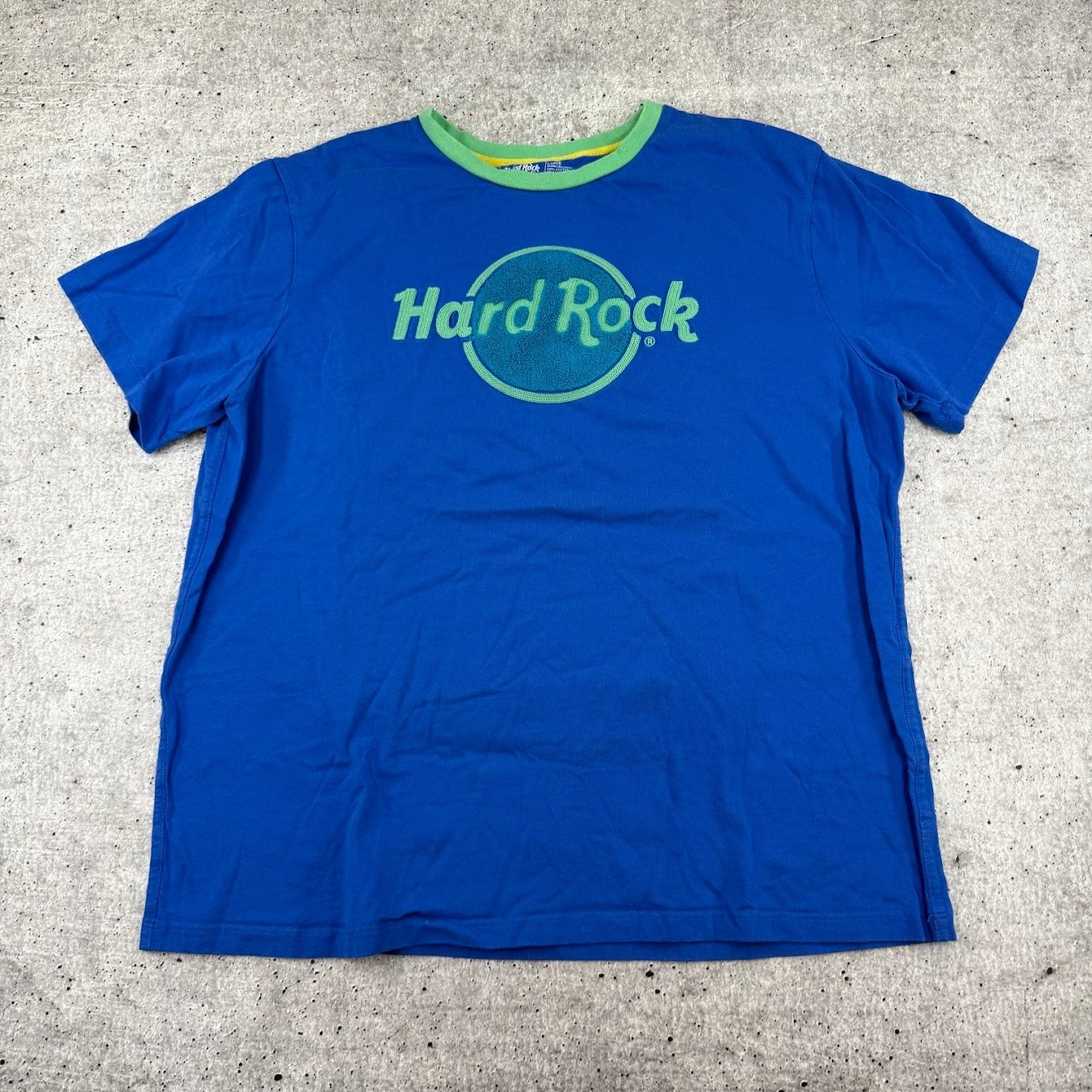 Hard Rock Cafe Chenille Chain Stitch Jersey Tee Blue Green Patchlogo Adult Large